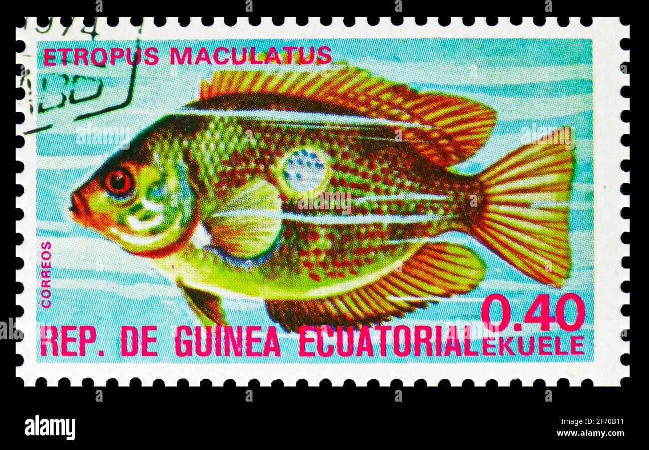 MOSCOW, RUSSIA - DECEMBER 19, 2020: Postage stamp printed in Equatorial Guinea shows Orange Chromide (Etroplus maculatus), Fishes (I) exotic serie, ci Stock Photo