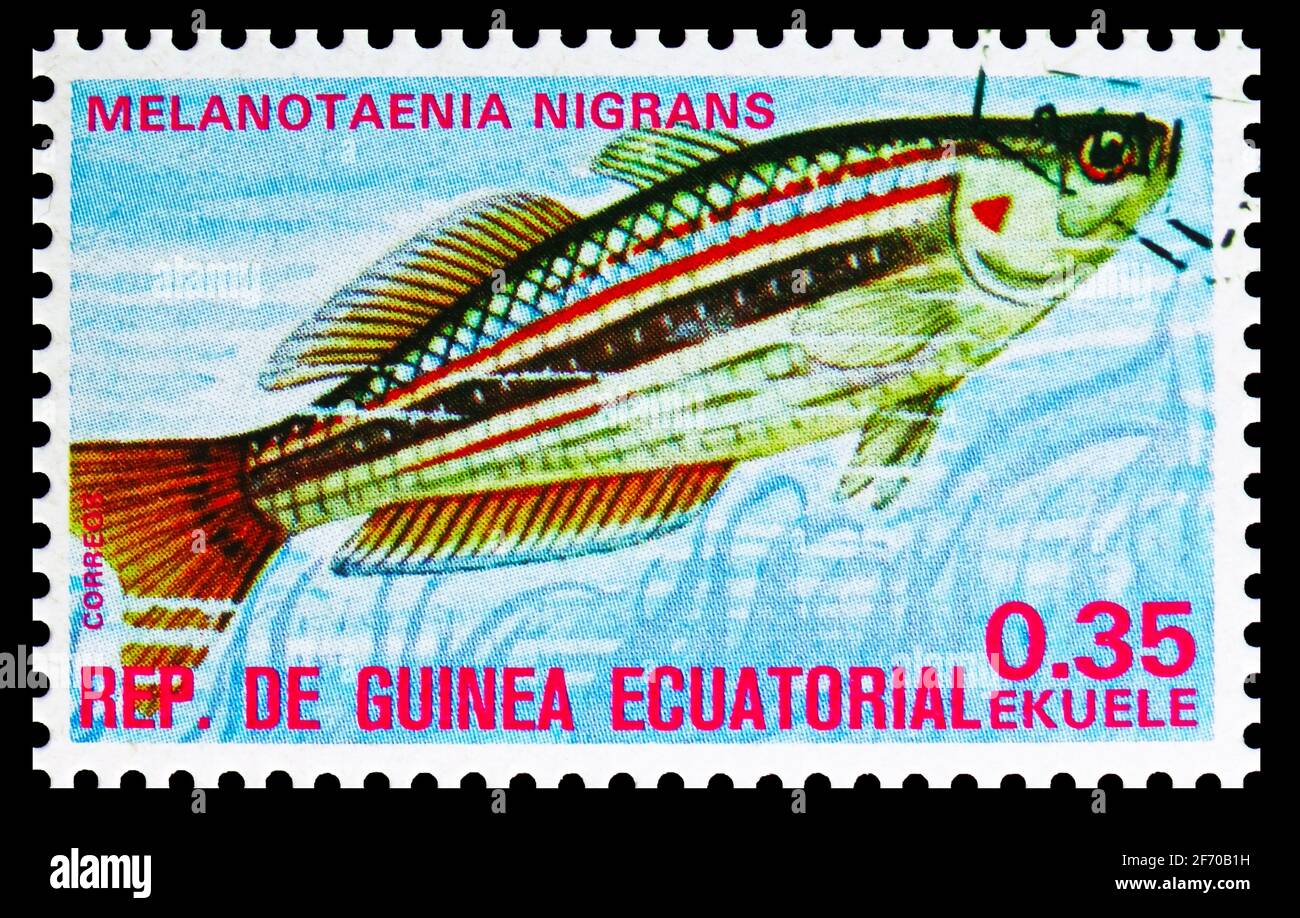 MOSCOW, RUSSIA - DECEMBER 19, 2020: Postage stamp printed in Equatorial Guinea shows Black-banded Rainbowfish (Melanotaenia nigrans), Fishes (I) exoti Stock Photo