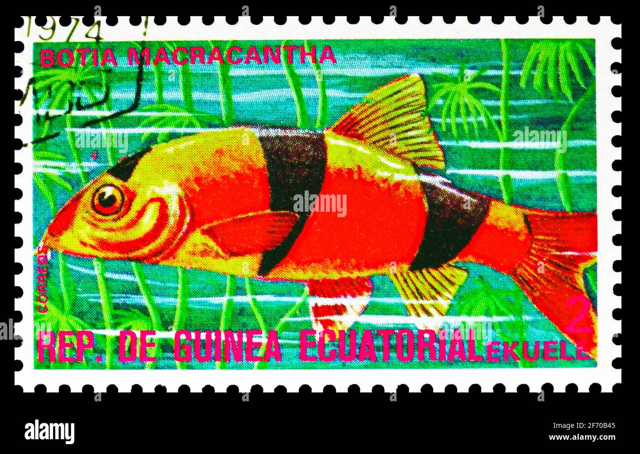 MOSCOW, RUSSIA - DECEMBER 19, 2020: Postage stamp printed in Equatorial Guinea shows Clown Loach (Botia macracantha), Fishes (I) exotic serie, circa 1 Stock Photo