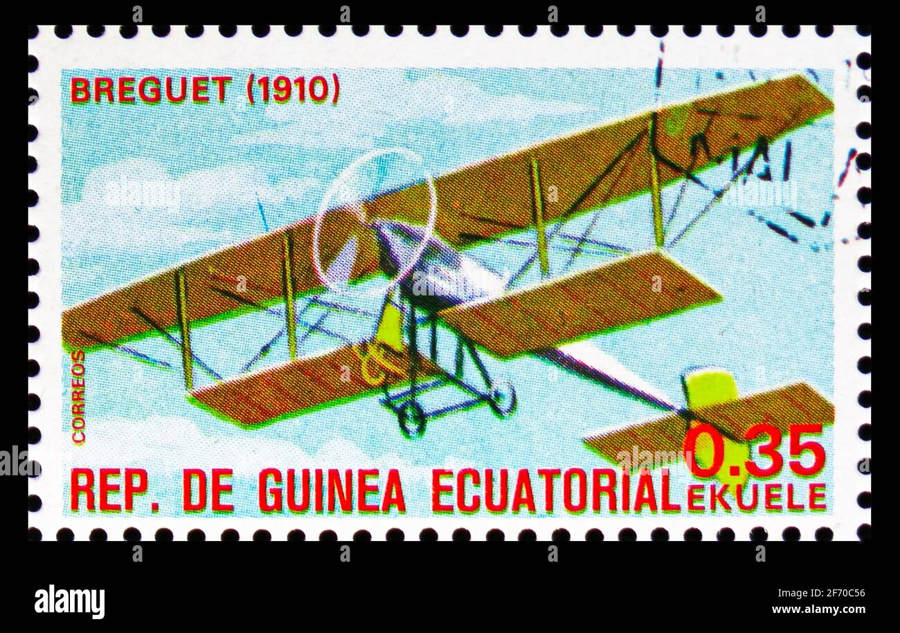 MOSCOW, RUSSIA - DECEMBER 19, 2020: Postage stamp printed in Equatorial Guinea shows Breguet, Planes serie, circa 1979 Stock Photo