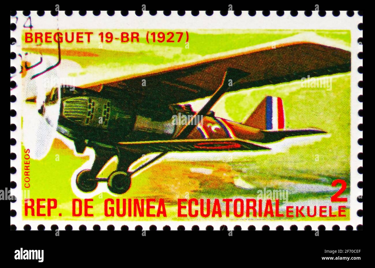 MOSCOW, RUSSIA - DECEMBER 19, 2020: Postage stamp printed in Equatorial Guinea shows Breguet 19-BR, Planes serie, circa 1979 Stock Photo