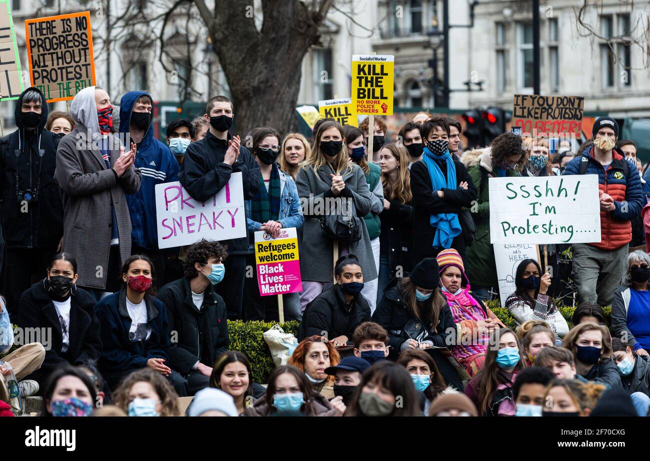 LONDON, UK. APRIL 3RD. Proestors rally to demonstrate against the proposed Police, Crime, Sentencing and Courts Bill in Parliament Square, London, England on Saturday 3rd April 2021.(Credit: Tejas Sandhu | MI News) Credit: MI News & Sport /Alamy Live News Stock Photo