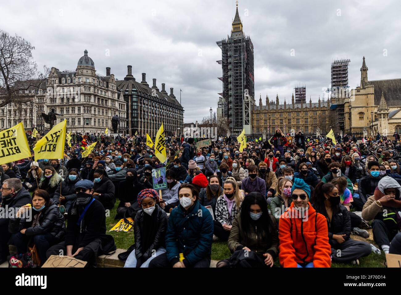 LONDON, UK. APRIL 3RD. Proestors rally to demonstrate against the proposed Police, Crime, Sentencing and Courts Bill in Parliament Square, London, England on Saturday 3rd April 2021.(Credit: Tejas Sandhu | MI News) Credit: MI News & Sport /Alamy Live News Stock Photo