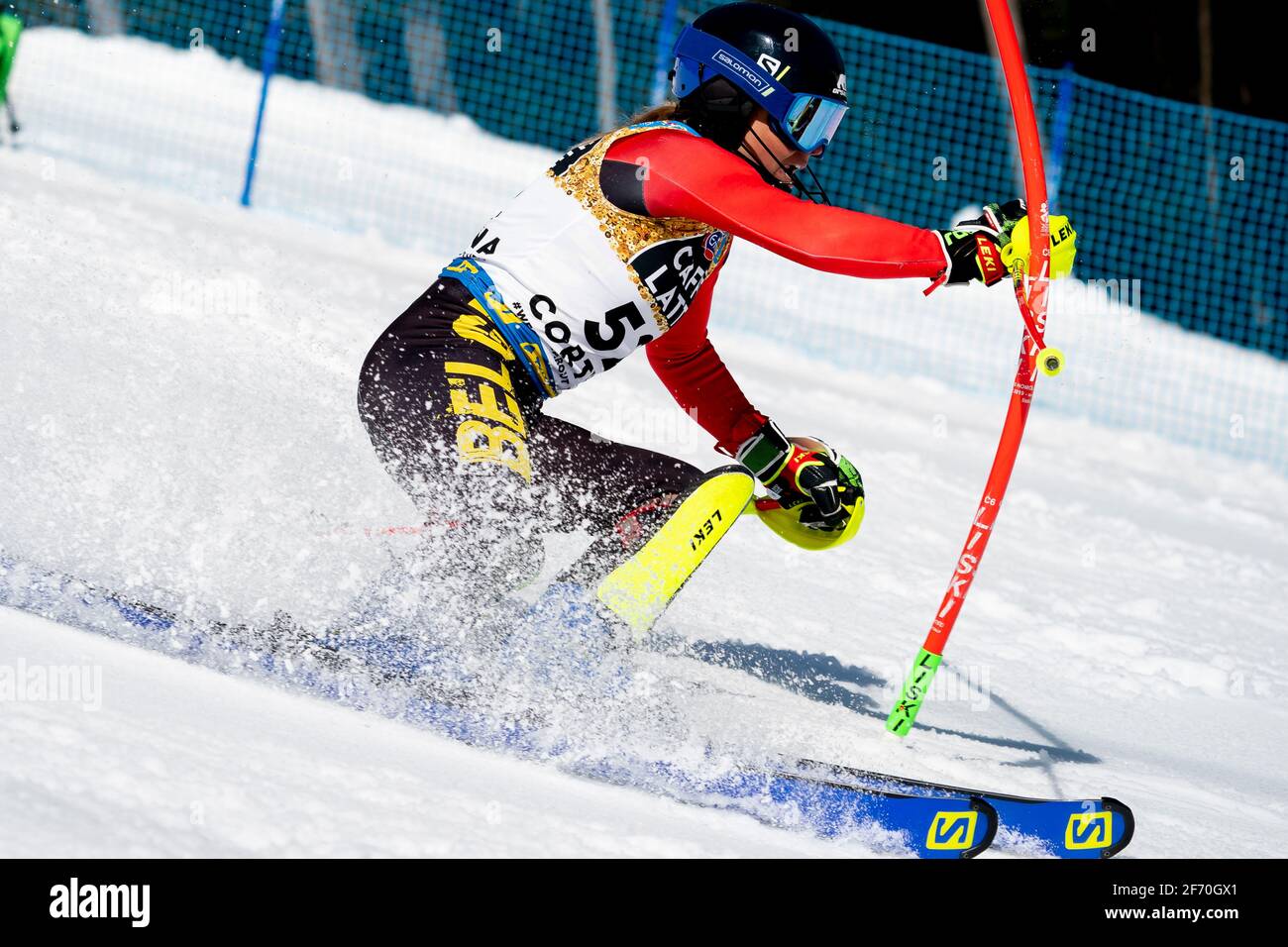 Cortina d'Ampezzo, Italy 20 February 2021:  VANREUSEL Kim (BEL) competing in the TELEPASS FIS ALPINE WORLD SKI CHAMPIONSHIPS 2021 Women's Slalom on th Stock Photo