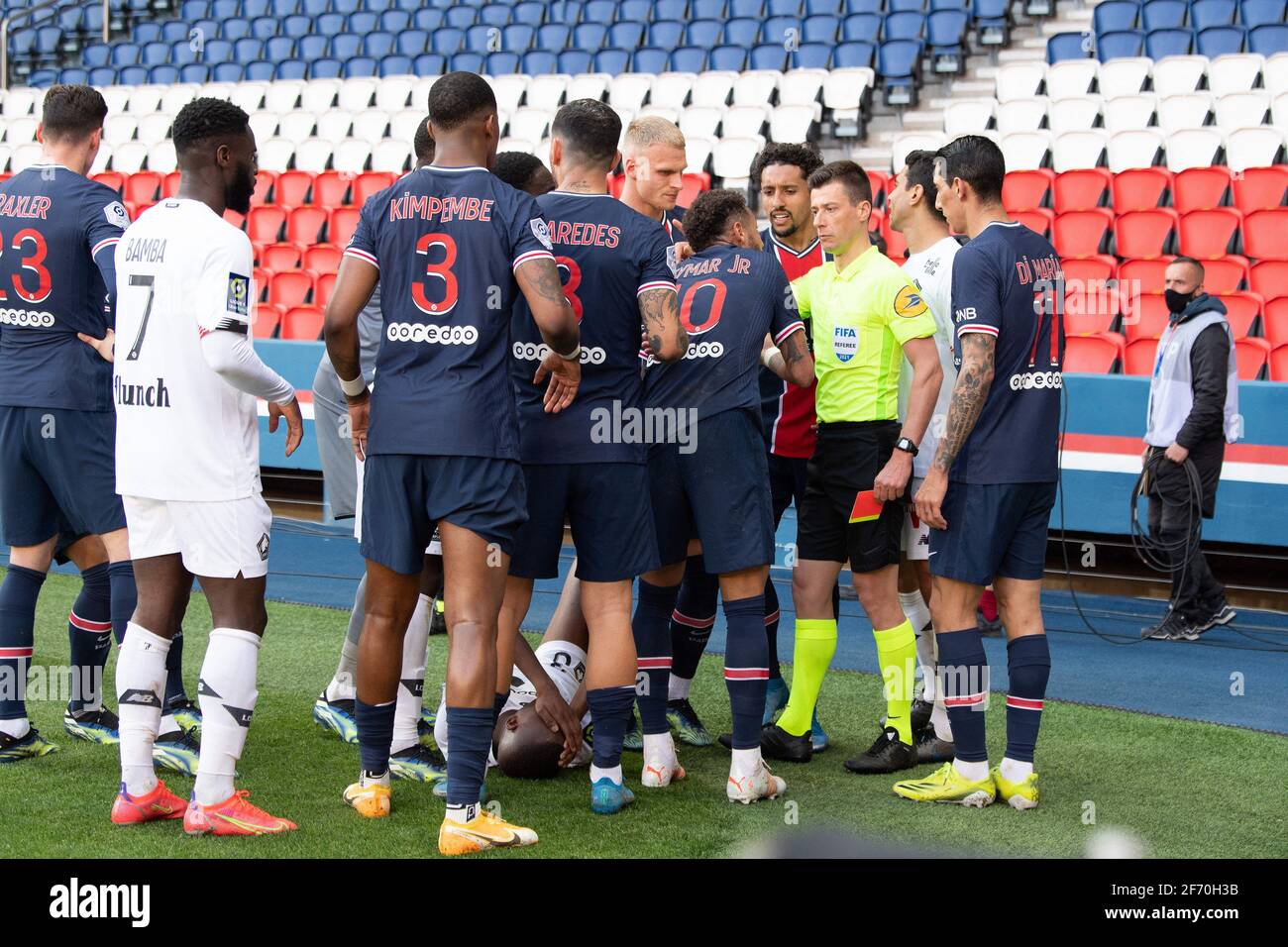 Paris Saint-Germain's Neymar Jr gets a red card from referee Benoit Bastien  after fouling Lille OSC's Tiago Djalo during the Ligue 1 match between  Paris Saint Germain and LOSC Lille at Parc