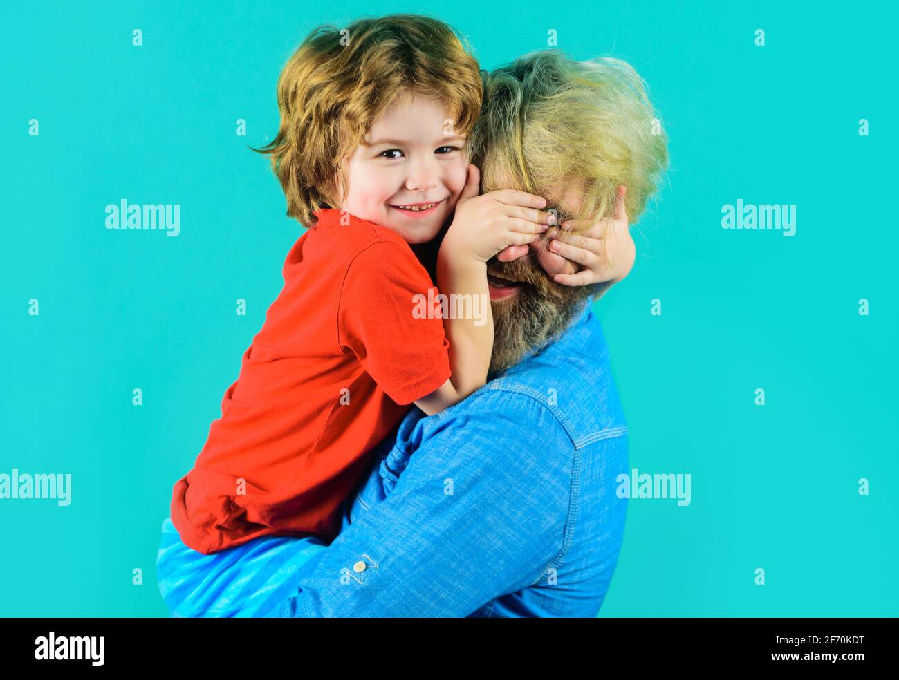 Happy fathers day. Dad hugs with son. Family time. Good relationships. Parentship concept. Stock Photo