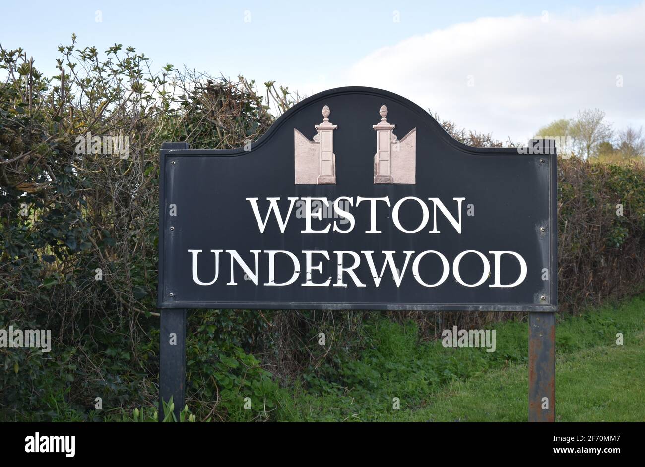 Sign at the entrance to Weston Underwood. Stock Photo