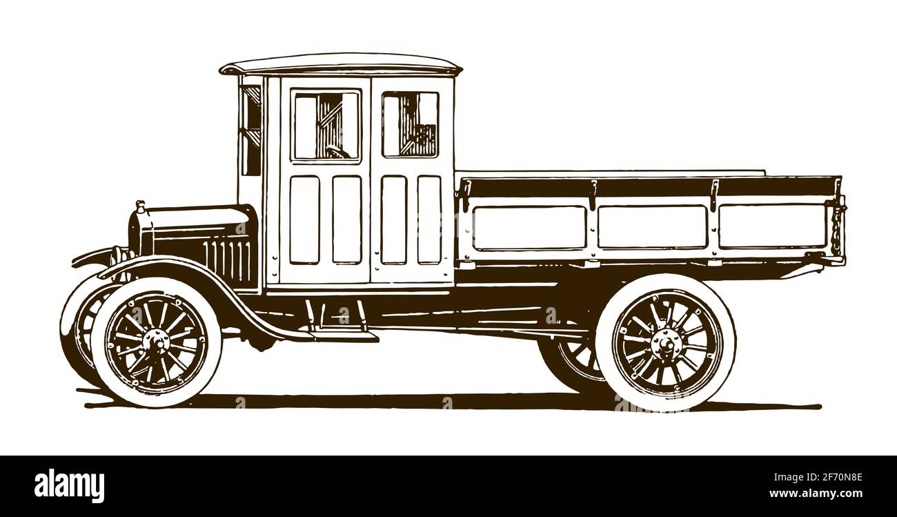 Antique truck in profile side view. Illustration after an engraving from the early 20th century Stock Vector
