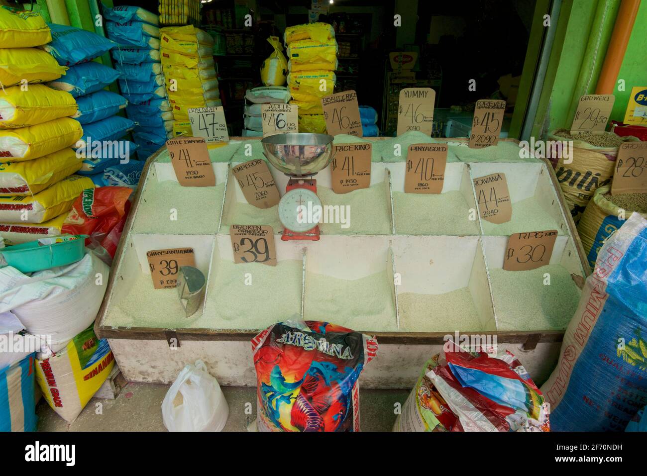 Local store selling various varieties of rice. Santa Fe, Bantayan, Cebu, Philipines Stock Photo