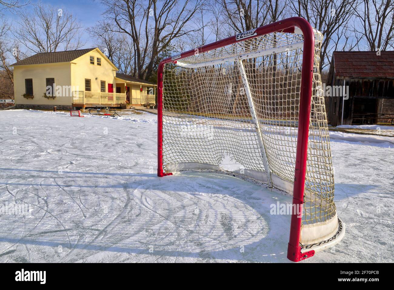 Outdoor ice hockey ring in winter Stock Photo