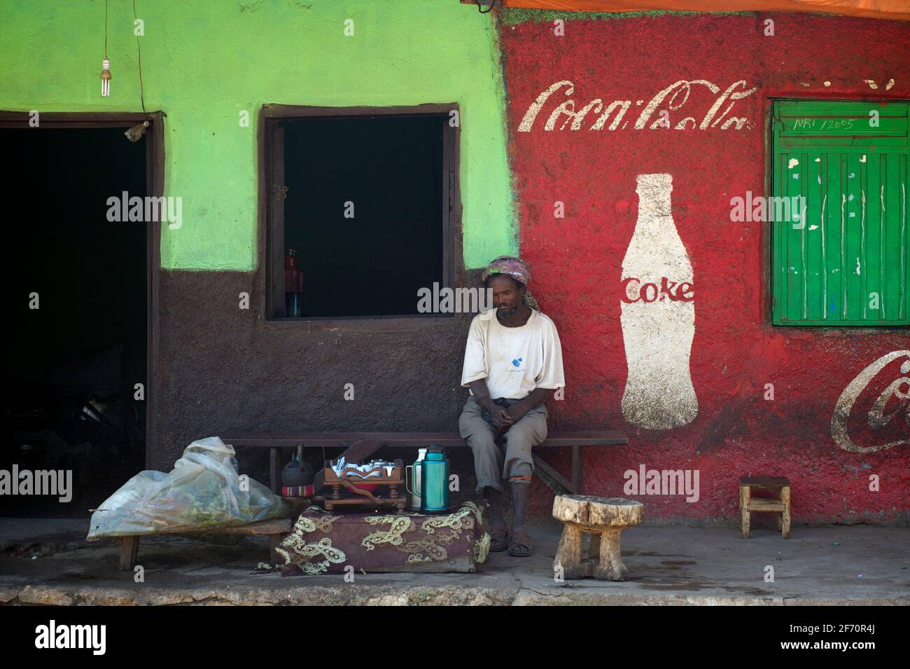 Coourful painted shopfront scene, Kulubi, Oromia Region, Ethiopia Stock Photo