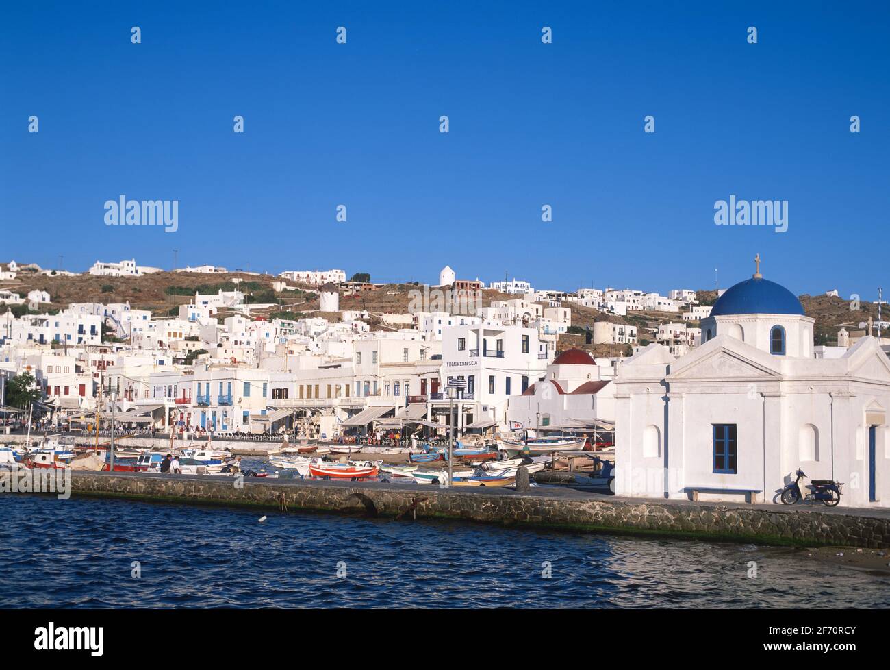 Greece, Cyclades Islands, Mykonos Island, Harbour with Church Stock Photo