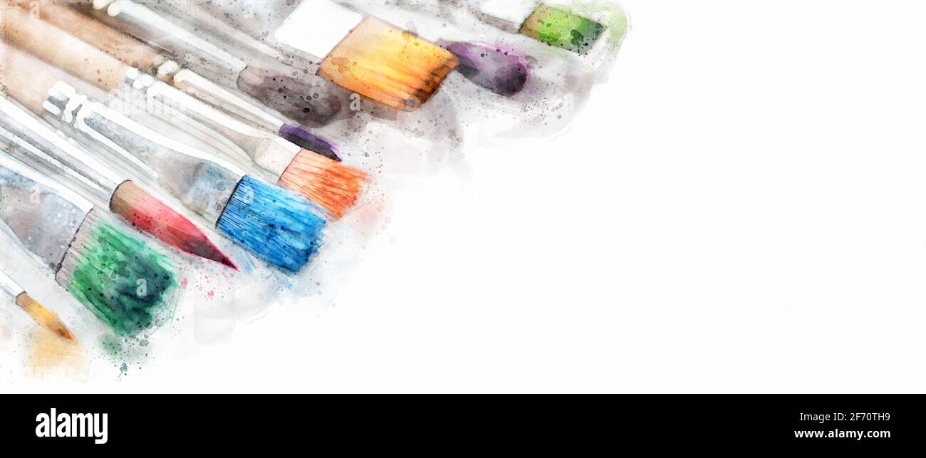 Artist's brushes stained with paints, creativity background, copy space Stock Photo