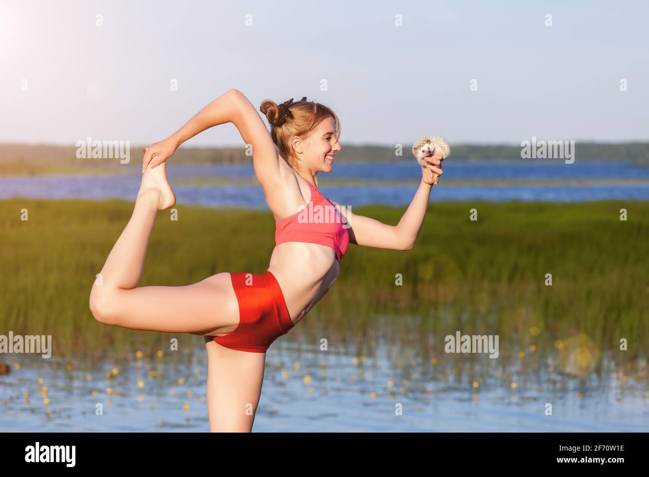 Young woman practising yoga dancer pose with her pet hedgehog on green grass at park in summer. Relax and harmony with nature Stock Photo