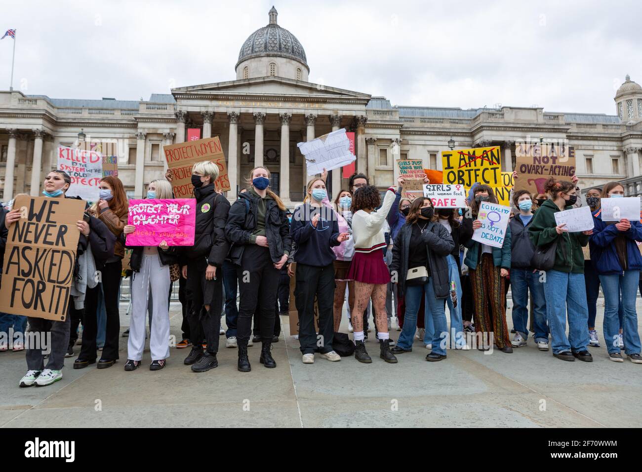 London, UK. 03rd Apr, 2021. Protesters seen at Trafalgar Square holding placards expressing their opinion, during the demonstration.A Month after kidnap and murder of 33-year-old Sarah Everard, women's rights protesters marched in central London chanting slogans and protested what they said had been a lack of action by government and police services. Sarah Everard disappeared on March 3rd and her body was found on March 12th. (Photo by Pietro Recchia/SOPA Images/Sipa USA) Credit: Sipa USA/Alamy Live News Stock Photo