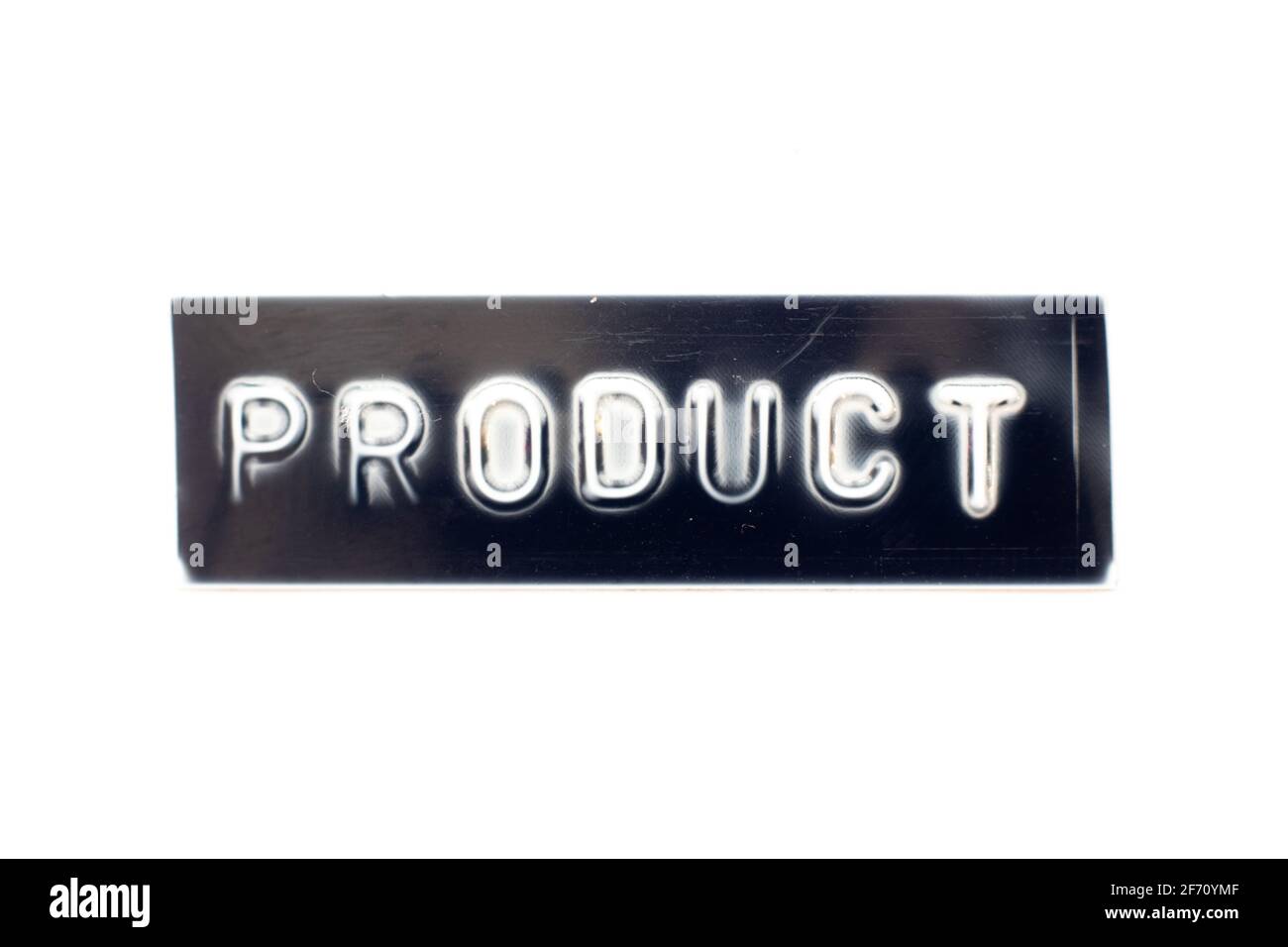 Embossed letter in word product on black banner with white background