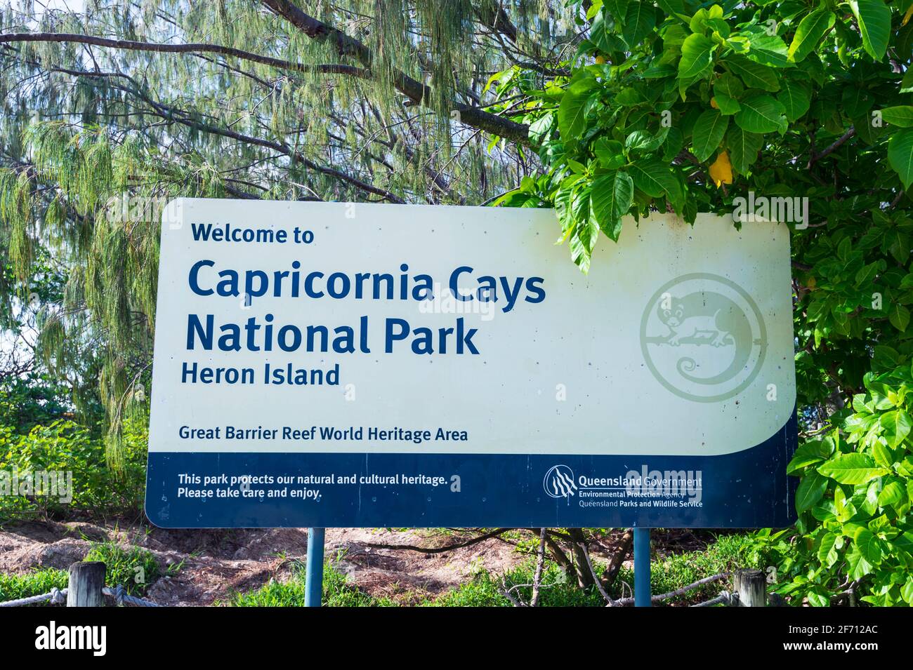 Welcome to Capricornia Cays National Park sign on Heron Island, Southern Great Barrier Reef, Queensland, QLD, Australia Stock Photo