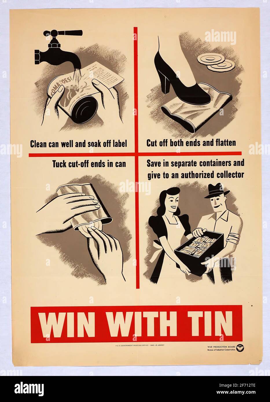 A vintage WW2 poster promoting scrap metal recycling saying Win With Tin Stock Photo
