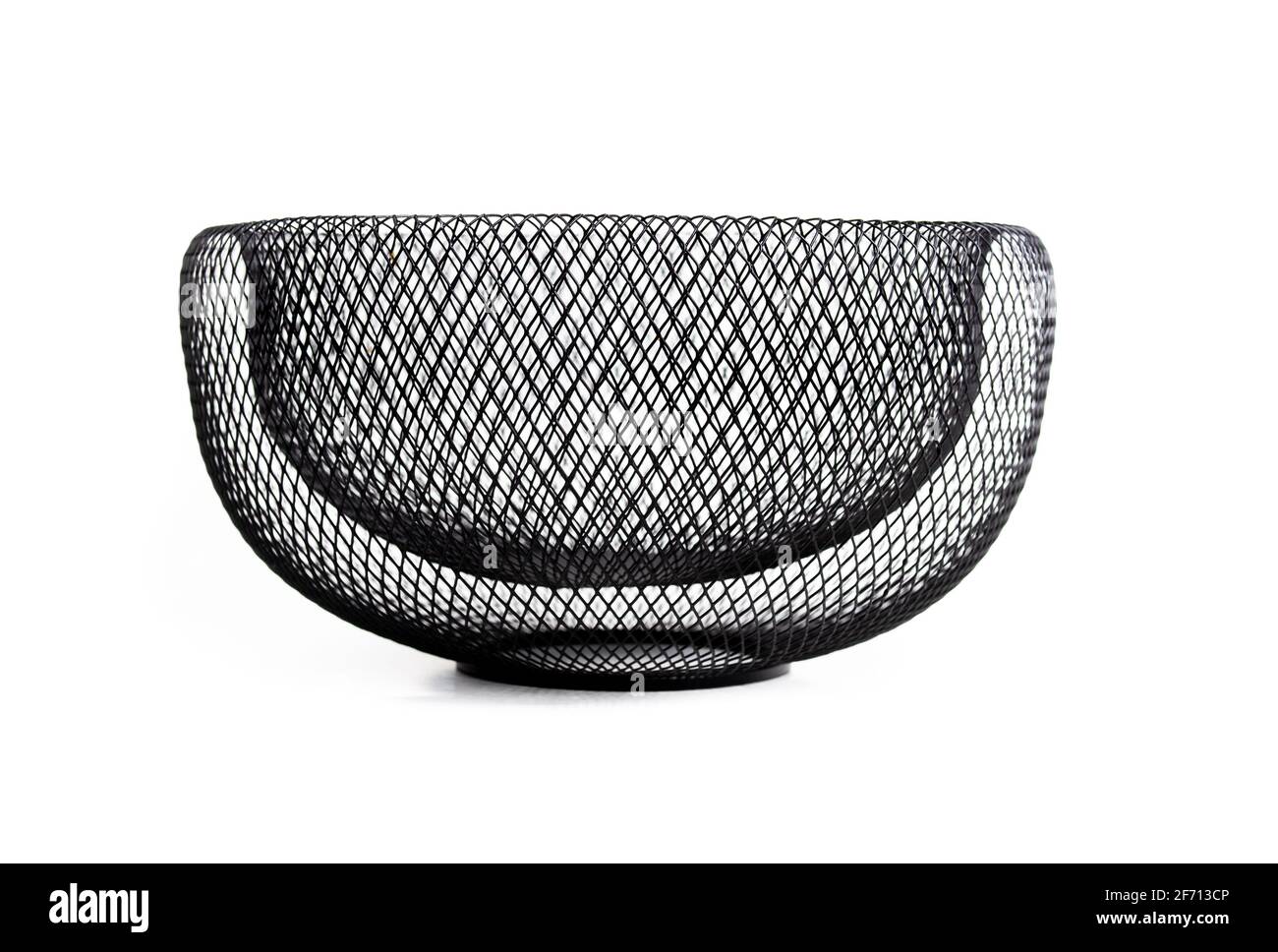 Black metal mesh bowl, front view. Decorative large double walled wire