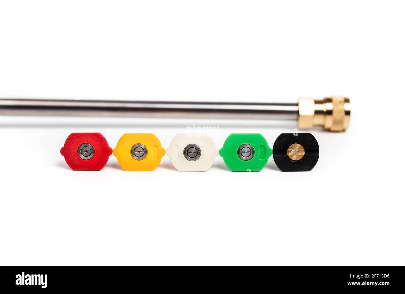 Power washer nozzles, close up. Set of interchangeable stainless steel
