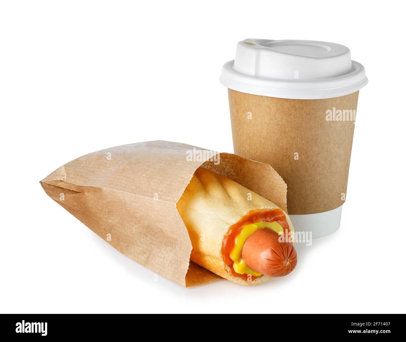 takeaway cup of coffee and hot dog Stock Photo