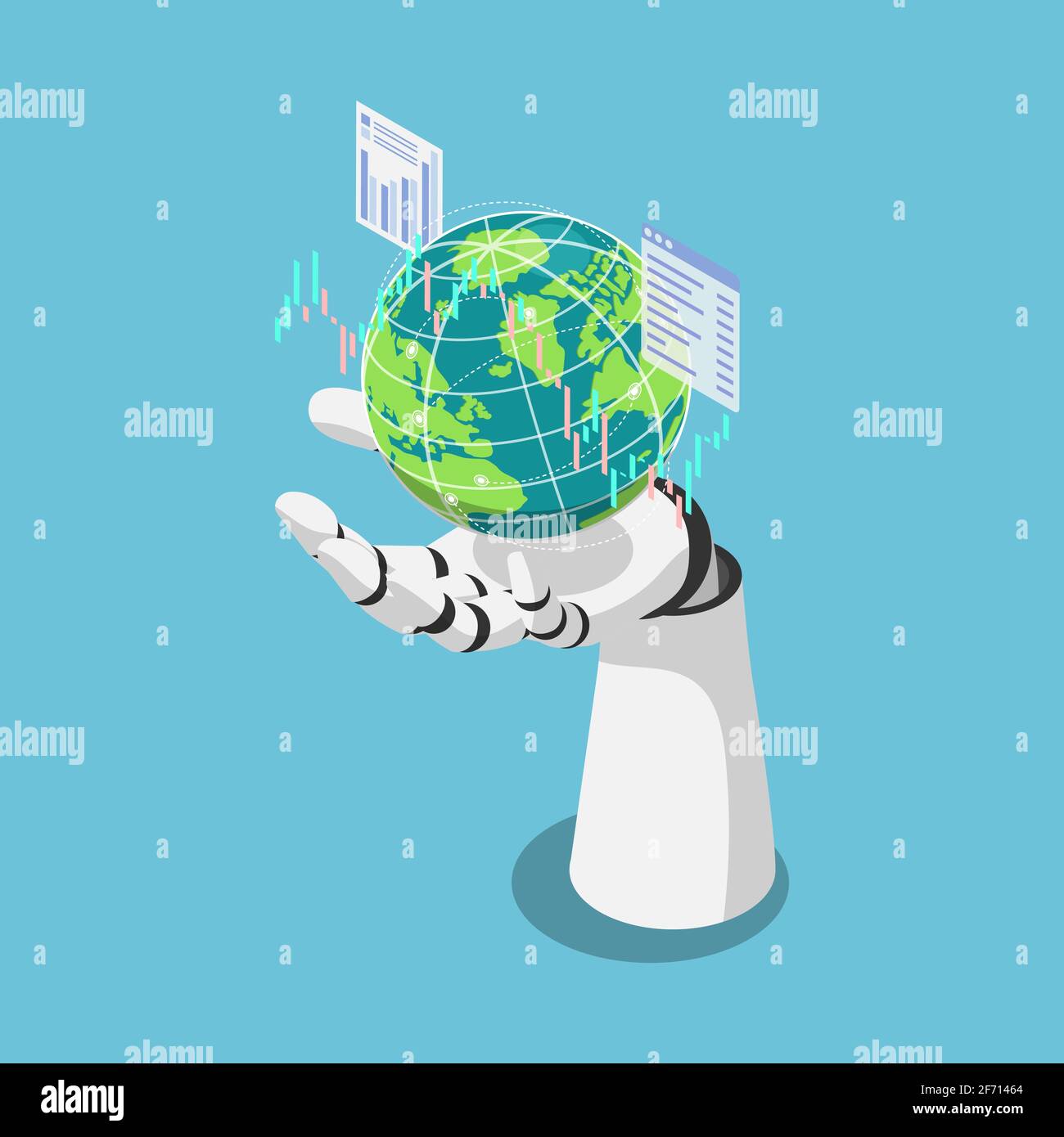 Flat 3d Isometric Ai Artificial Intelligence Analysis Stock Market Data Around The World. AI Machine Learning Concept. Stock Vector