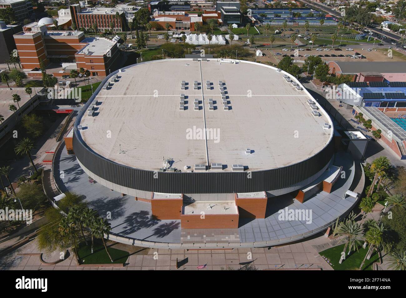 An aerial view of the McKale Center on the campus of the University of Arizona, Tuesday, March 2, 2021, in Tucson. The arena is the home of the Arizon Stock Photo