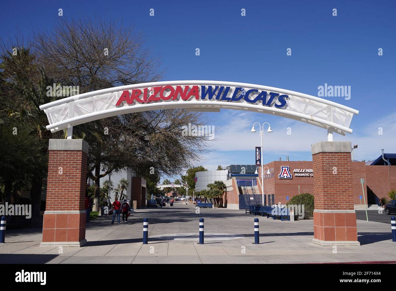 A general overall view of the Arizona Widlcats logo on an arch outside of tehMcKale Center on the campus of the University of Arizona, Tuesday, March Stock Photo