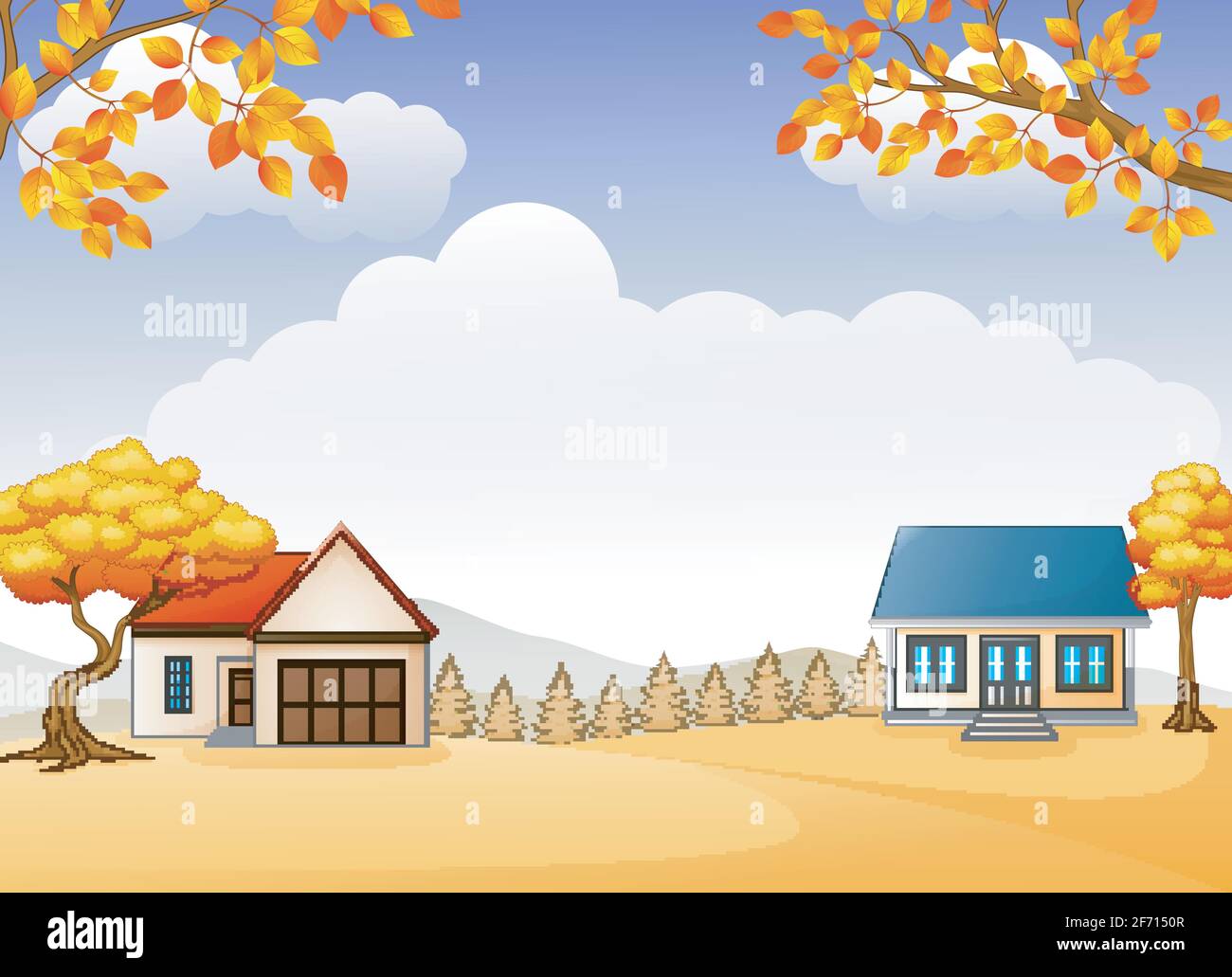 Vector illustration of Autumn house and garden with bright foliage ...