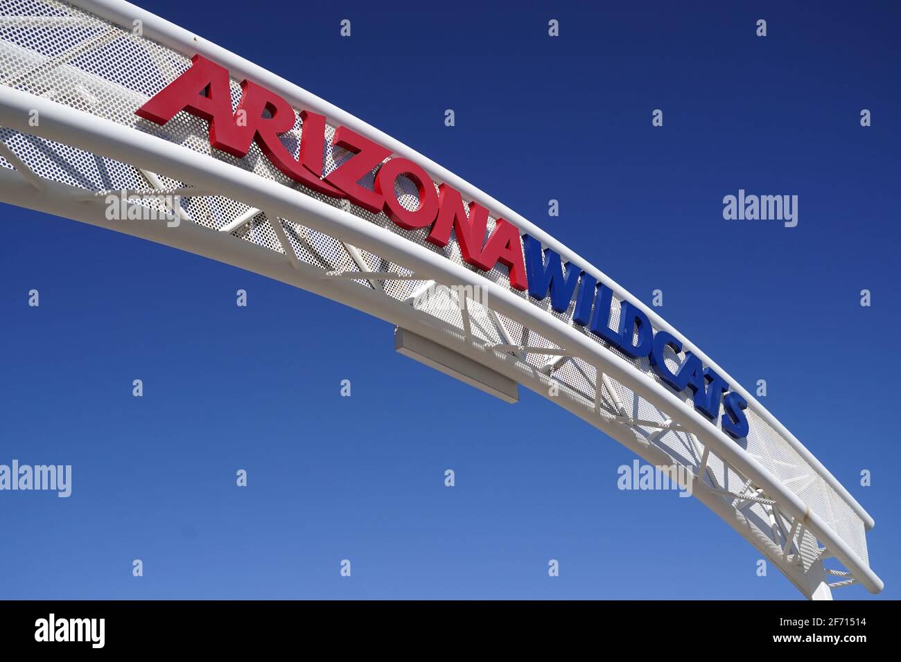 A general overall view of the Arizona Widlcats logo on an arch outside of tehMcKale Center on the campus of the University of Arizona, Tuesday, March Stock Photo