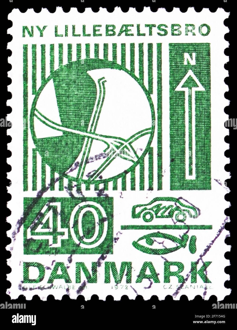 MOSCOW, RUSSIA - JANUARY 20, 2021: Postage stamp printed in Denmark shows Little Belt Bridge, Danish Construction Projects serie, circa 1972 Stock Photo