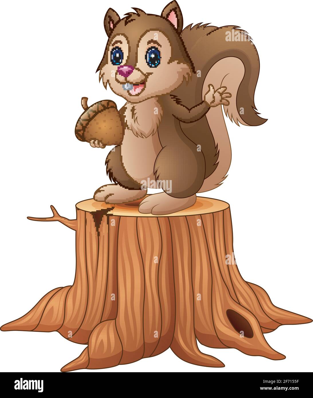 Vector Illustration Of Cartoon Squirrel Standing On Tree Stump Holding