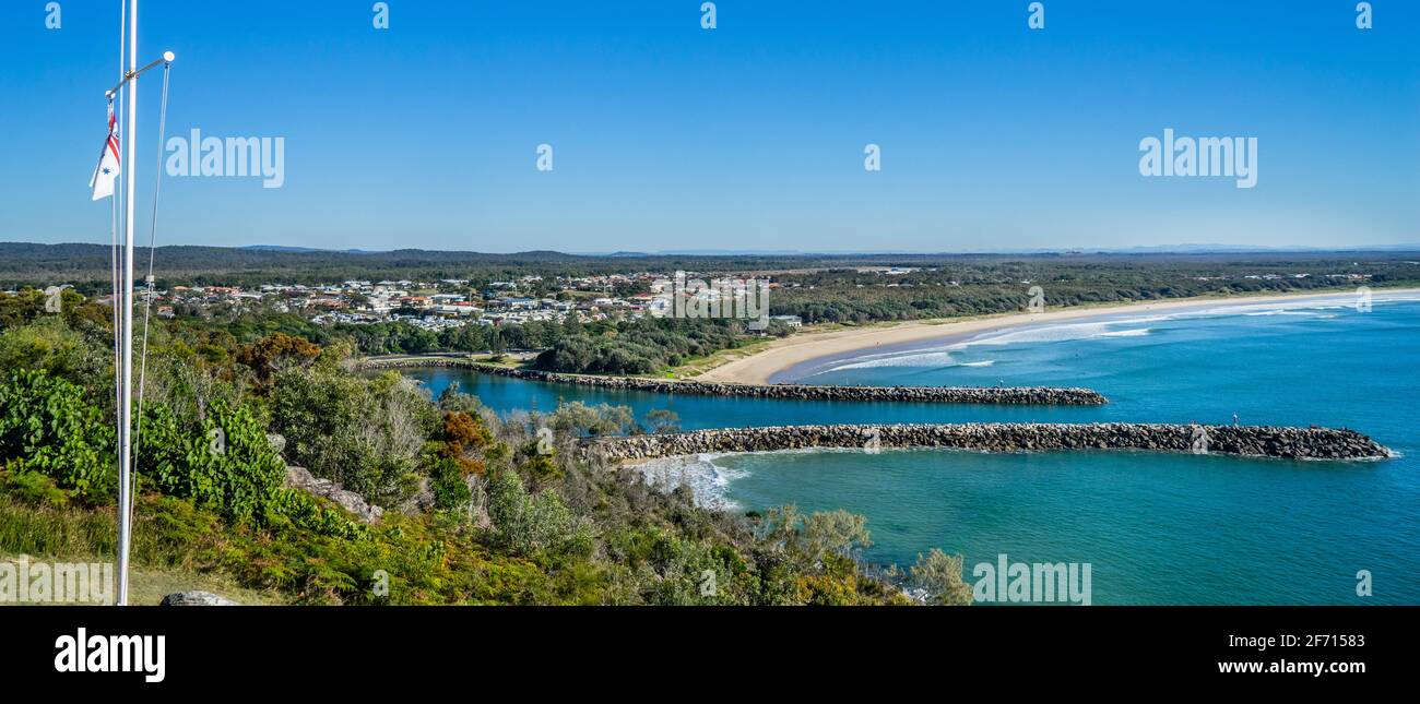 view of the mouth of the Evans River and Airforce Beach from Razorback Lookout at Evans Head, Northern Rivers region, New South Wales, Australia Stock Photo