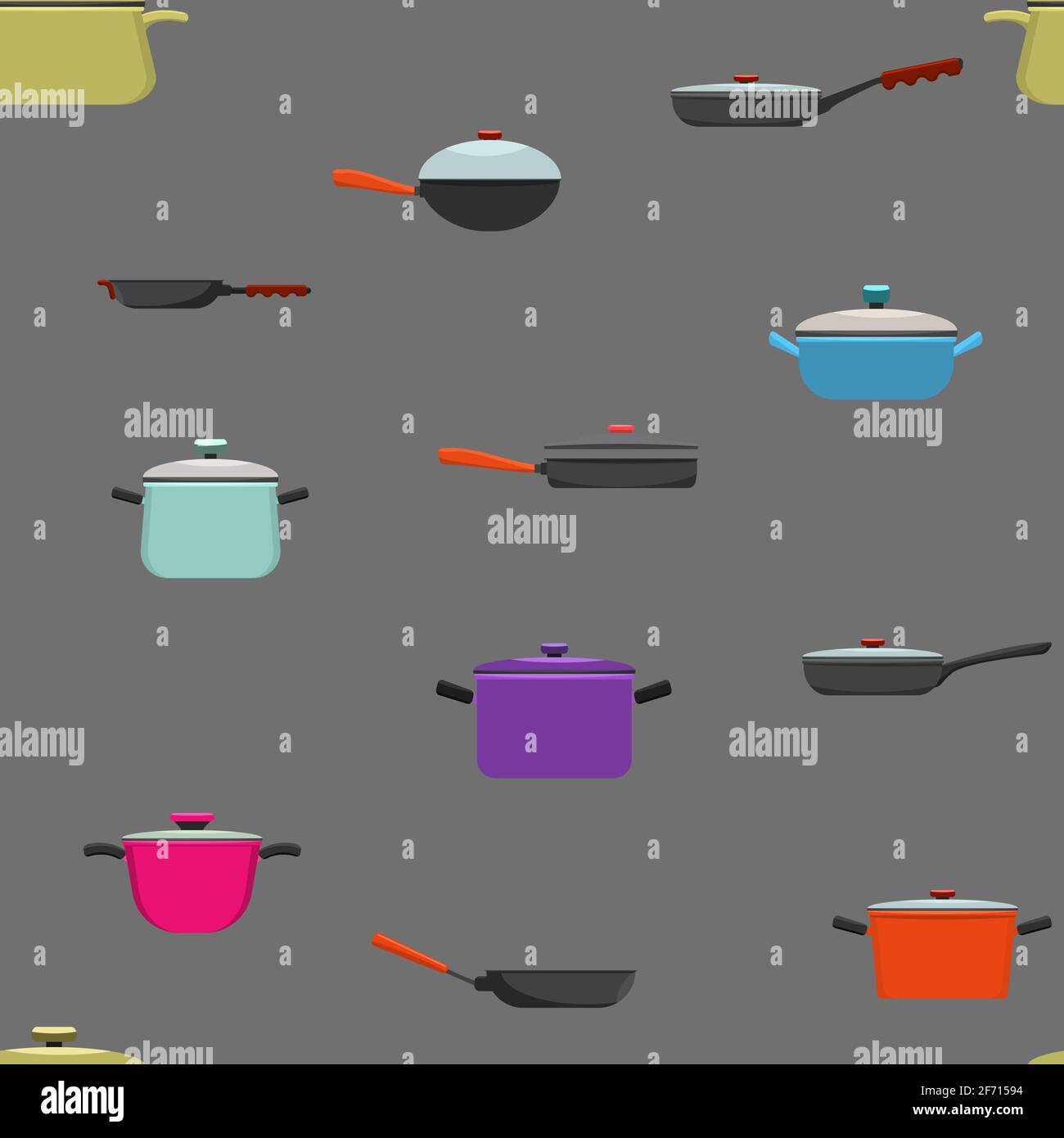Kitchenware and cooking utensils colorful seamless pattern. Flat and solid color vector illustration. Stock Vector