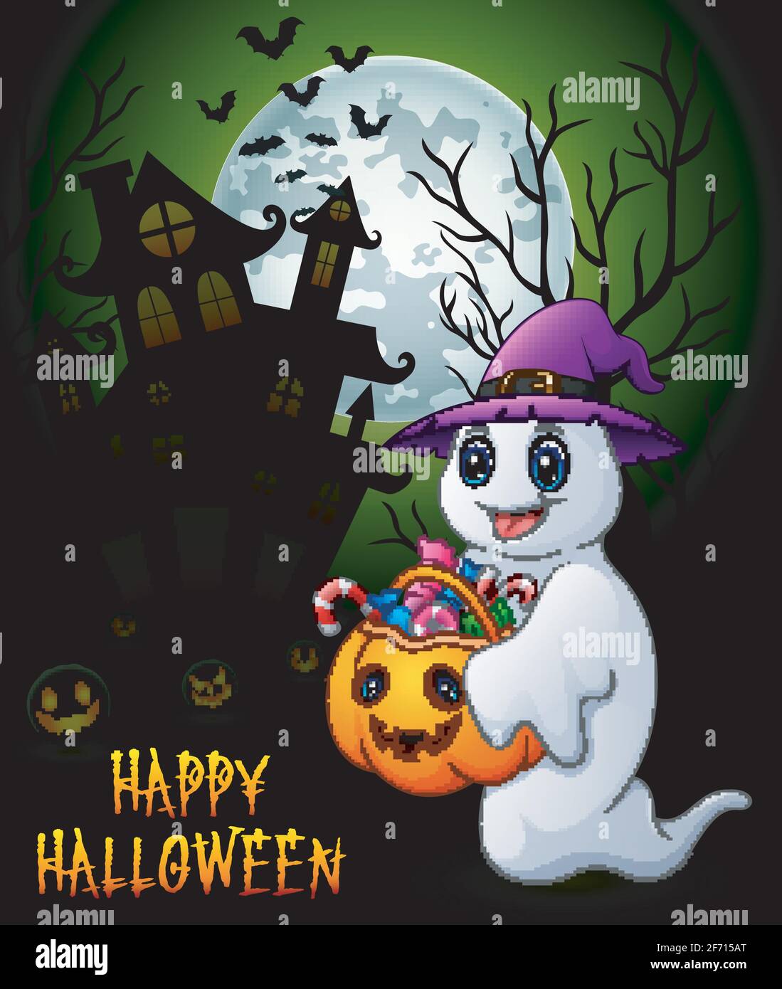 Halloween background with ghost holding full of candies in basket