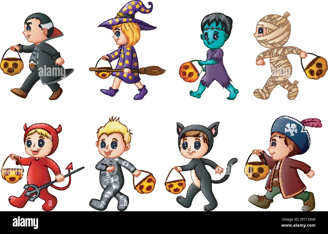 Vector illustration of Happy Halloween. Set of cute cartoon children in Halloween costumes Stock Vector