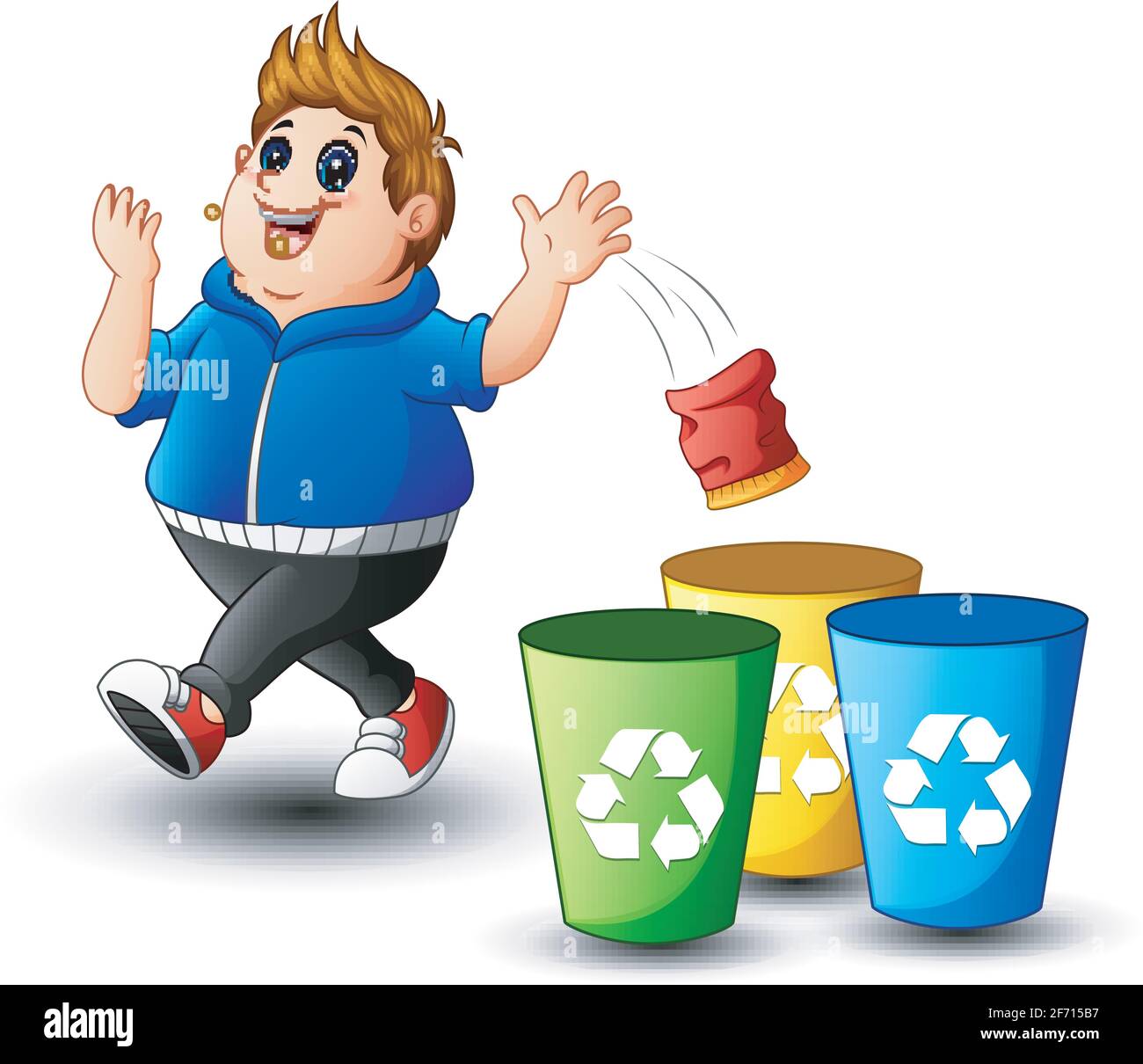 Fat boy throws garbage in the trash Stock Vector