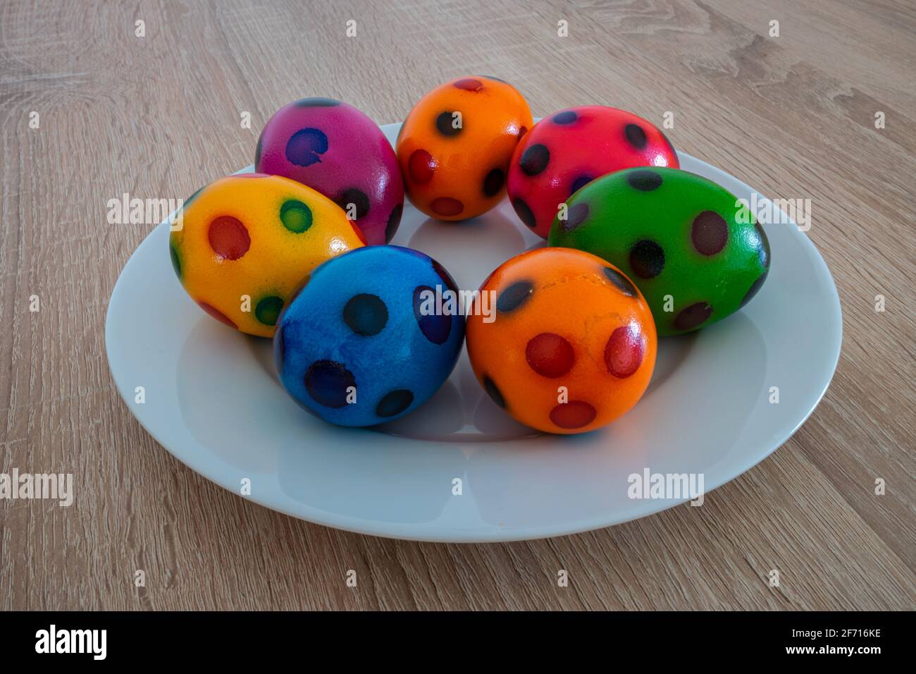 Colorful painted Easter eggs on a plate Stock Photo