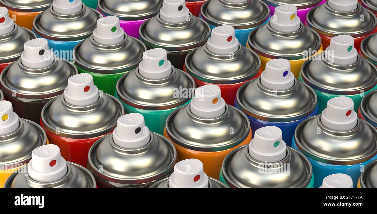 Rows of colorful graffity spray paint cans or bottles of aerosol. 3d illustration Stock Photo