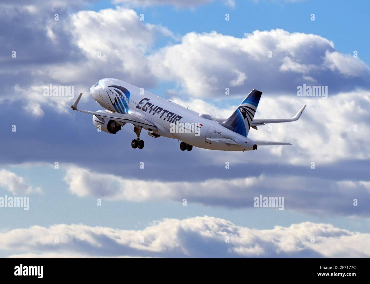 03 April 2021, Brandenburg, Schönefeld: An Airbus A 320 neo of the airline EgyptAir takes off from the southern runway of Berlin Brandenburg Airport 'Willy Brandt'. Since the beginning of April 2021, both runways have been used on a monthly alternating basis in order to distribute aircraft noise pollution in the region more evenly. Photo: Soeren Stache/dpa-Zentralbild/ZB Stock Photo
