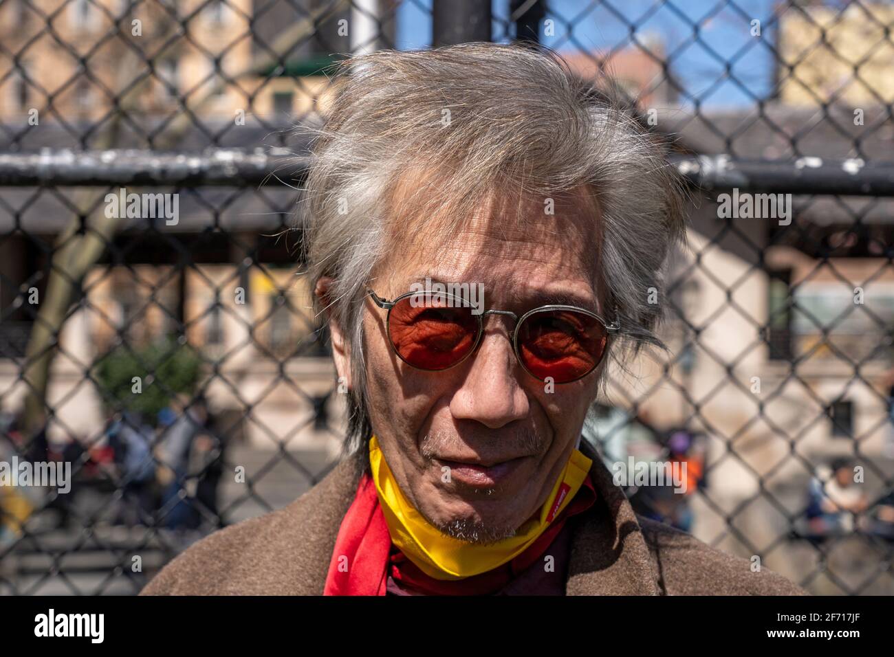 NEW YORK, NY - APRIL 3: Geoff Lee attends a rally against hate in Columbus Park in the Chinatown neighborhood of Manhattan on April 3, 2021 in New York City. A rally for solidarity was organized in response to a rise in hate crimes against the Asian community since the start of the coronavirus (COVID-19) pandemic in 2020. On March 16 in Atlanta, Georgia, a man went on a shooting spree in three spas that left eight people dead, including six Asian women. Stock Photo