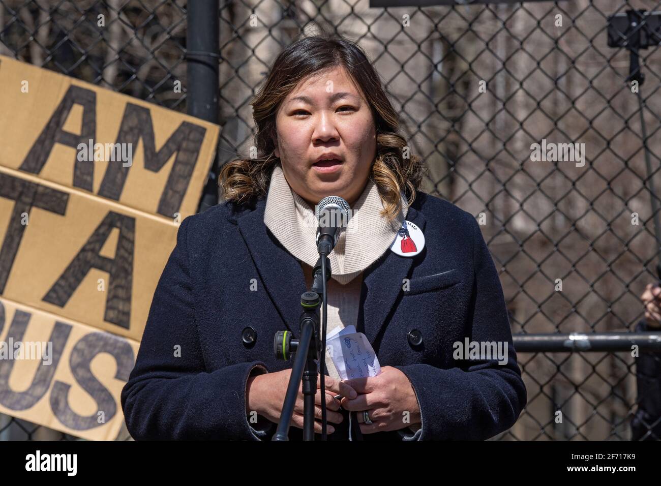 NEW YORK, NY - APRIL 3: Congresswoman Grace Meng (D-NY) speaks at a rally against hate in Columbus Park in the Chinatown neighborhood of Manhattan on April 3, 2021 in New York City. A rally for solidarity was organized in response to a rise in hate crimes against the Asian community since the start of the coronavirus (COVID-19) pandemic in 2020. On March 16 in Atlanta, Georgia, a man went on a shooting spree in three spas that left eight people dead, including six Asian women. Stock Photo