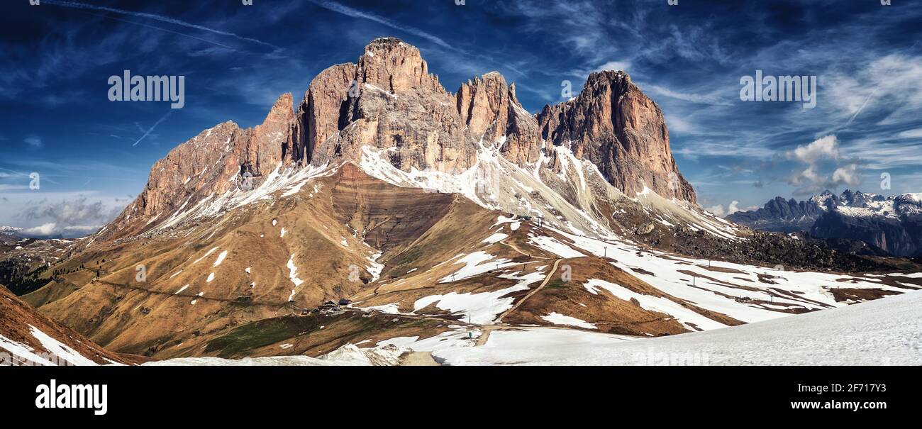 Sasso Piatto and Sasso Lungo Mountains in the Dolomites Stock Photo