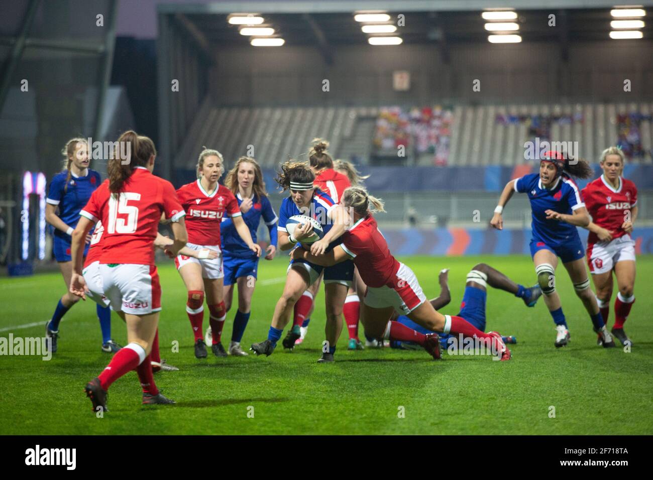 Clara Joyeux Of France Is Tackled During The 21 Women S Six Nations Rugby Union Match Between France And Wales On April 3 21 At La Rabine Stadium In Vannes France Photo Clara Joyeux Of France Is Tackled During The 21 Women S Six Nations Rugby Union Match Between France And Wales On April 3 21 At La Rabine Stadium In Vannes France Photo