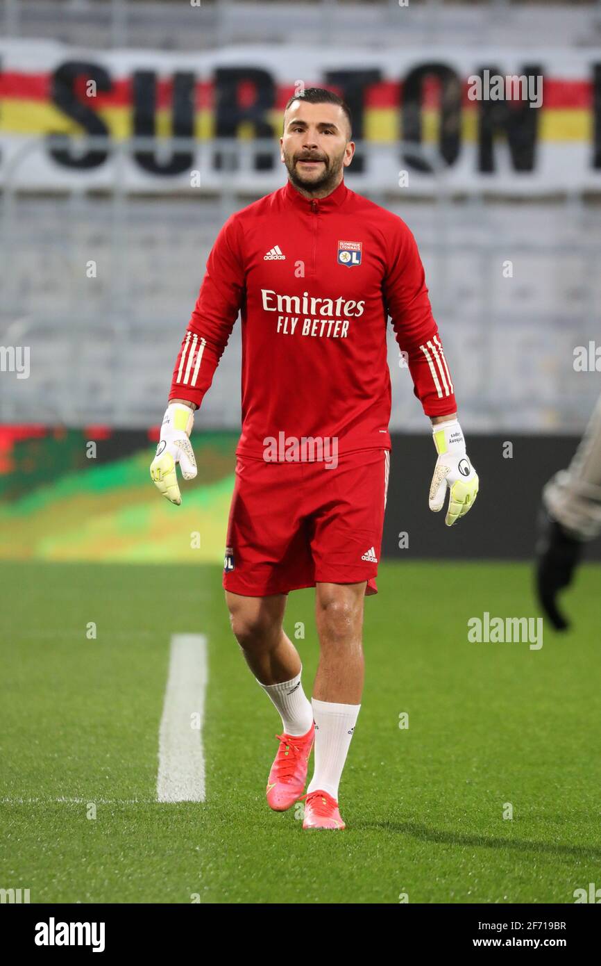 Lens, France. 03rd Apr, 2021. Goalkeeper Lyon Anthony Lopes during the  French championship Ligue 1 football match between RC Lens and Olympique  Lyonnais on April 3, 2021 at Bollaert-Delelis stadium in Lens,