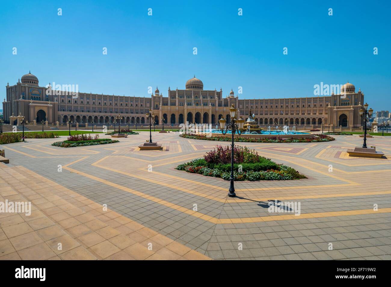 Sharjah, United Arab Emirates - March 24, 2021:Sharjah Municipality main office resembling parliament building characterised by islamic architecture i Stock Photo