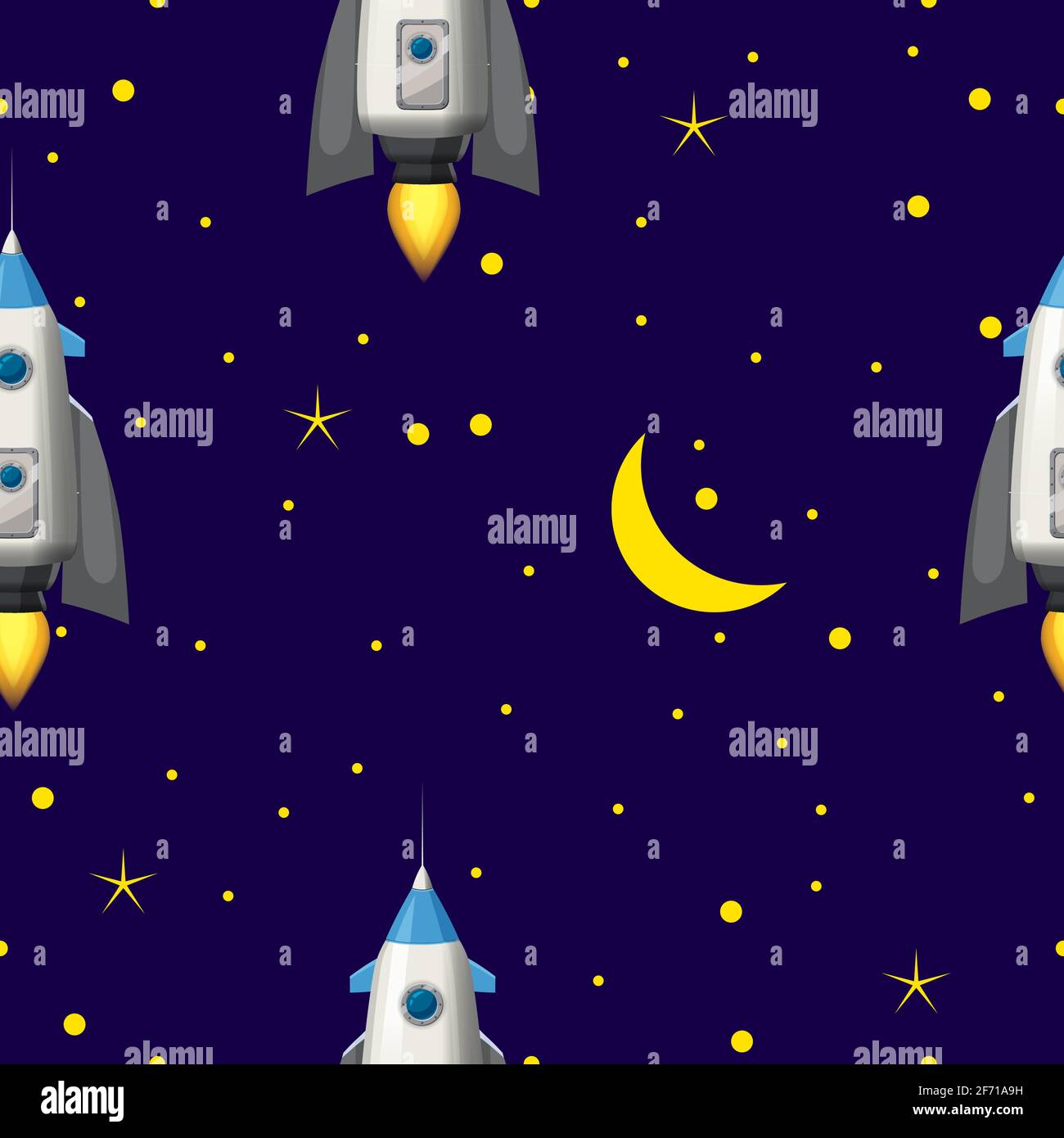 Seamless Rocket pattern, stars and space. Vector illustration ispalted cartoon style Stock Vector