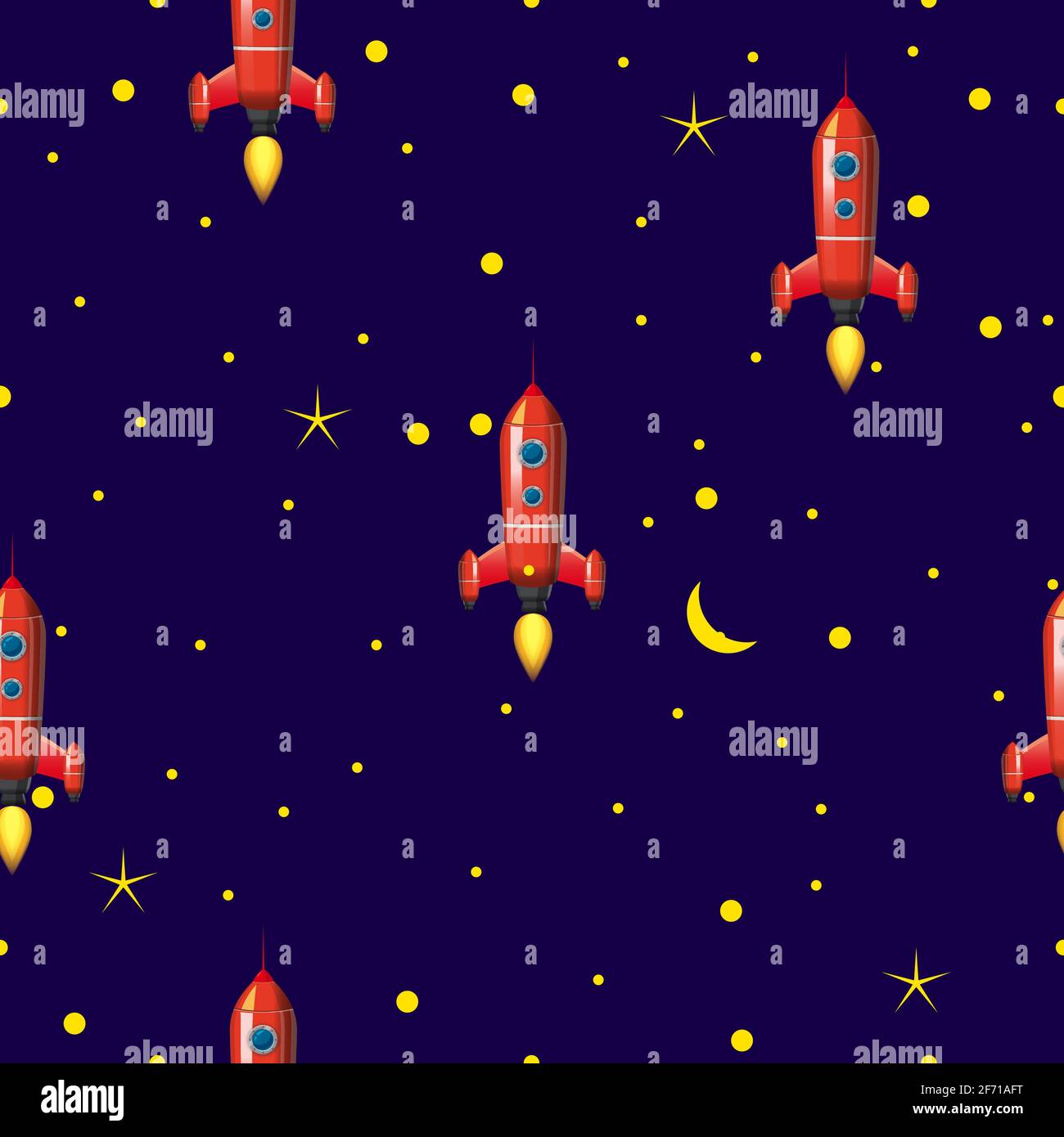 Seamless Rocket pattern, stars and space. Vector illustration ispalted cartoon style Stock Vector