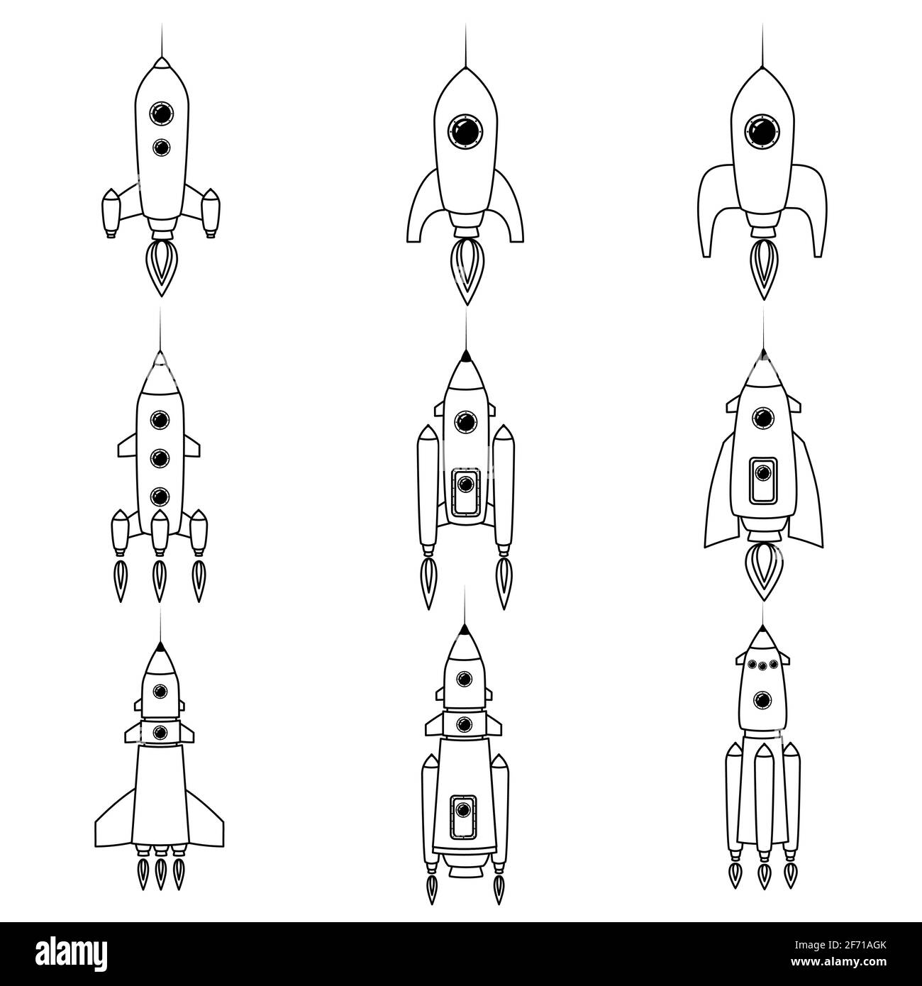 Set rocket space ship retro icon line. Vector illustration isolated Stock Vector