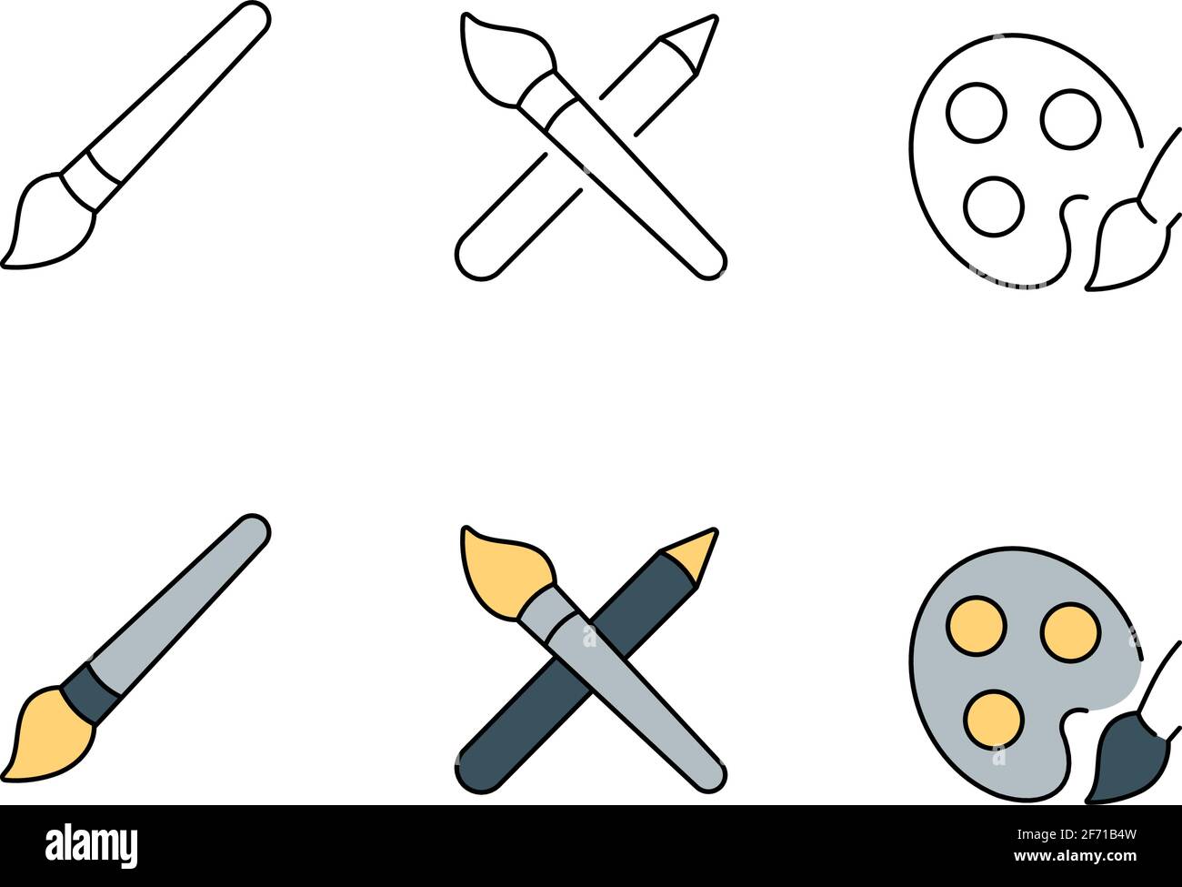 Art Supplies outline and filled outline icons isolated on white